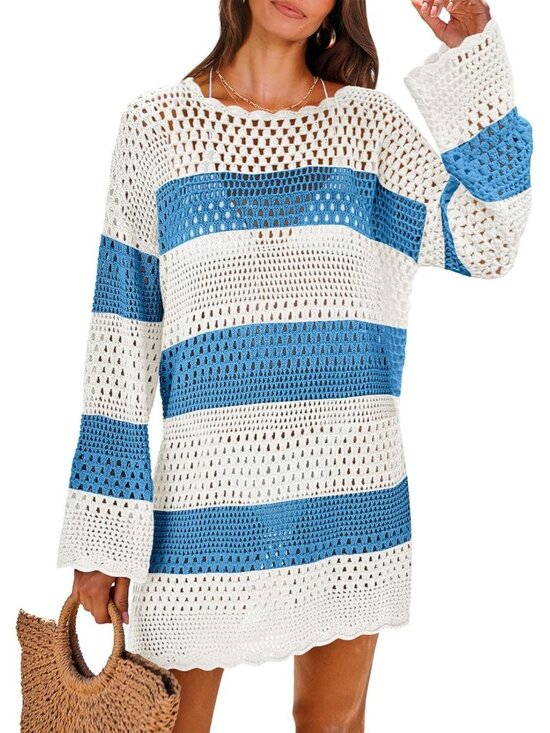 Other - Women's Blue White Swimsuit Cover Up Beach Crochet Bathing Suit Mini Dress